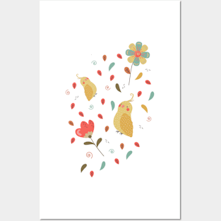 Cute canary bird and flowers Posters and Art